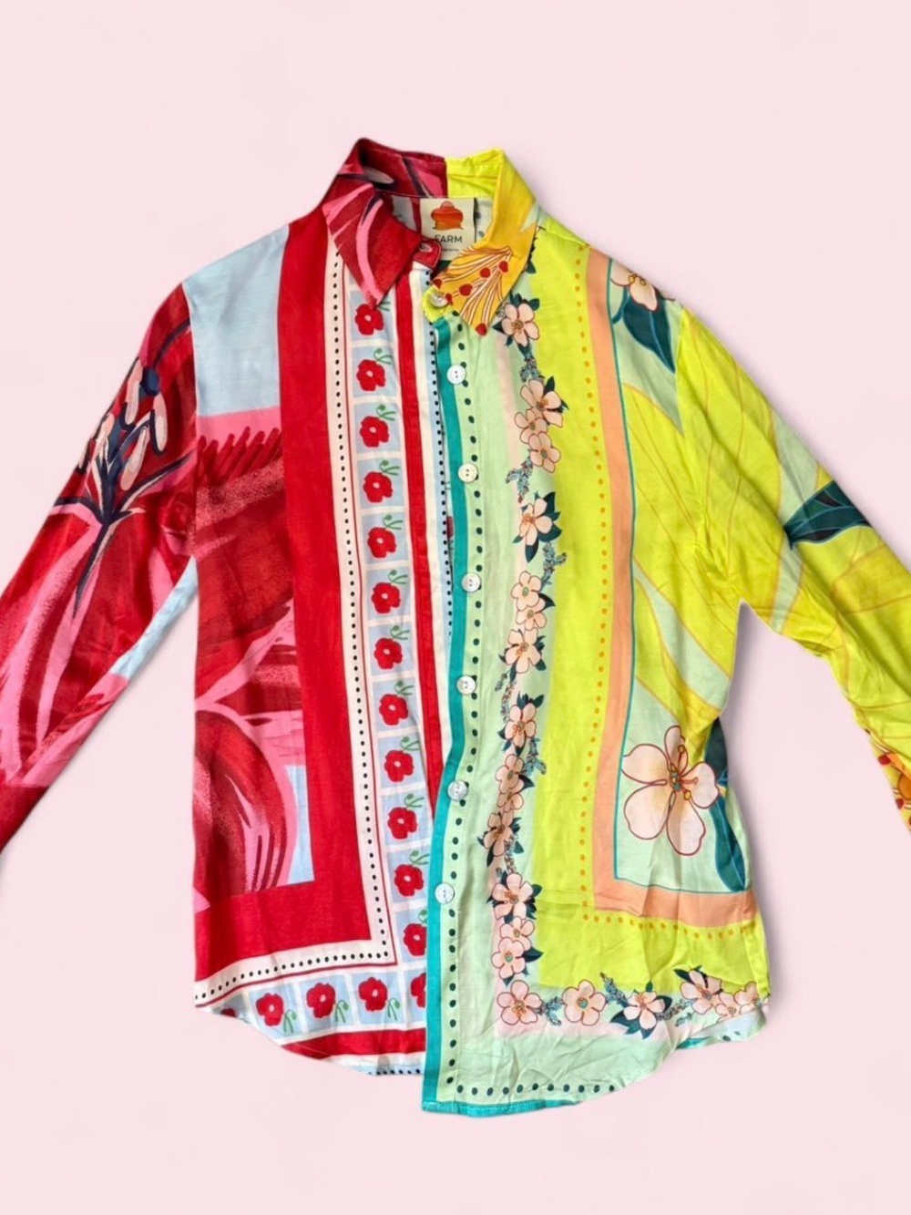 Colorblock Floral Button-Up Shirt in Red, Yellow & Green